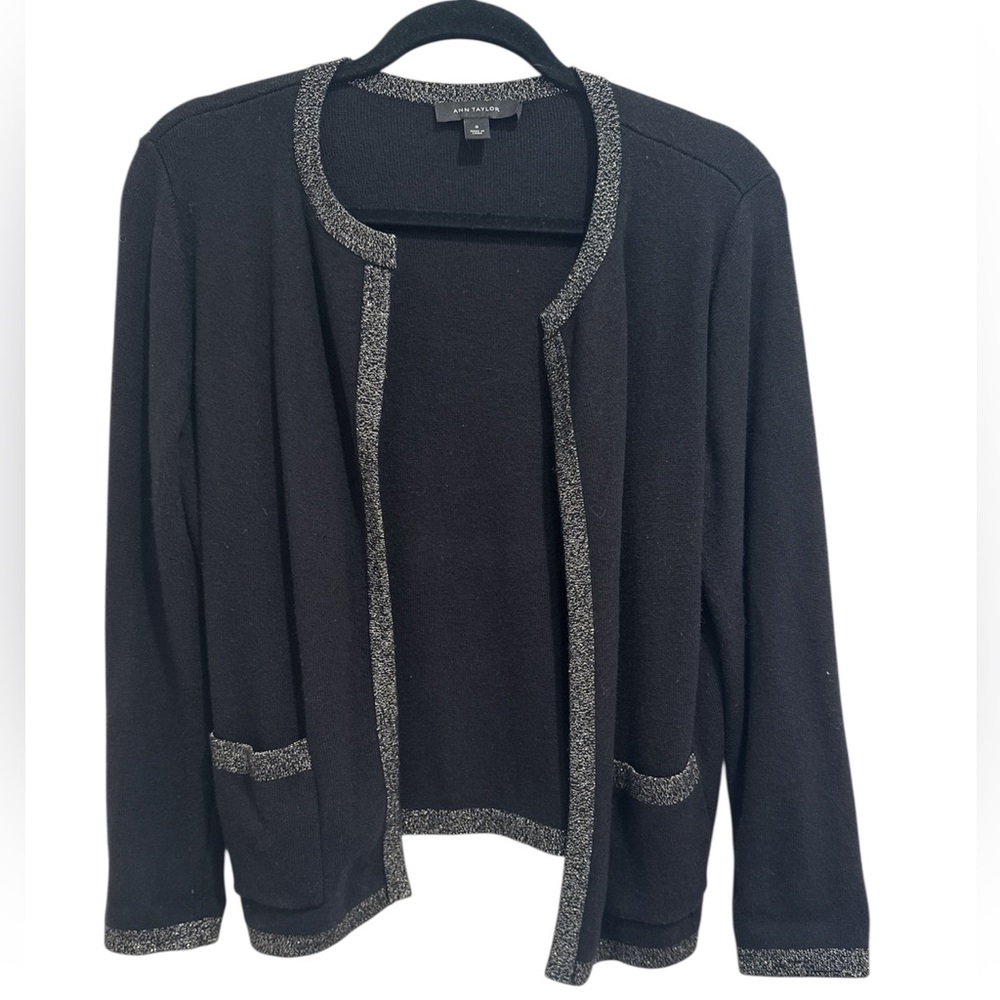 Ann Taylor Open Cardigan in Black with Metallic Glitter Trim - Medium